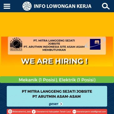 PT Mitra Langgeng Sejati Jobsite Pt Arumin Asam-Asam – Mekanik (1) & Elektrik (1)
