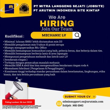 LOKER : PT. Mitra Langgeng Sejati (Jobsite) PT Arutmin Indonesia Sita Kintap – Mechanic LV